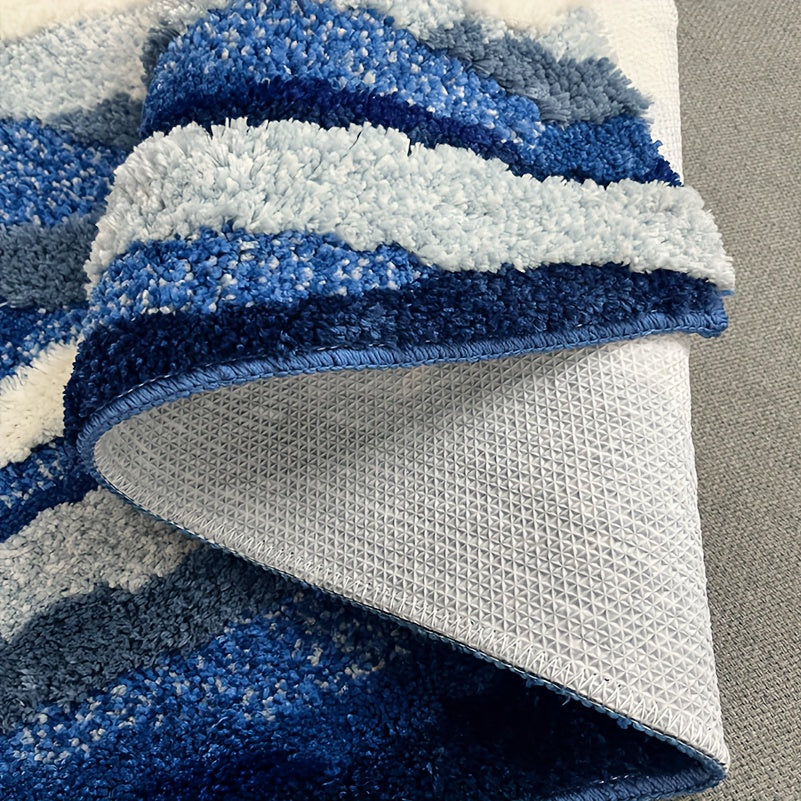1pc Abstract Wave Design Flocked Bath Mat, Soft Comfortable Non-Slip Rubber Backed Polyester Blend, Machine Washable, Decorative Oblong Tufted Carpet for Bedroom, Living Room, and Coffee Table, Living Room Accent | Decorative Carpet | Nonslip Rubber