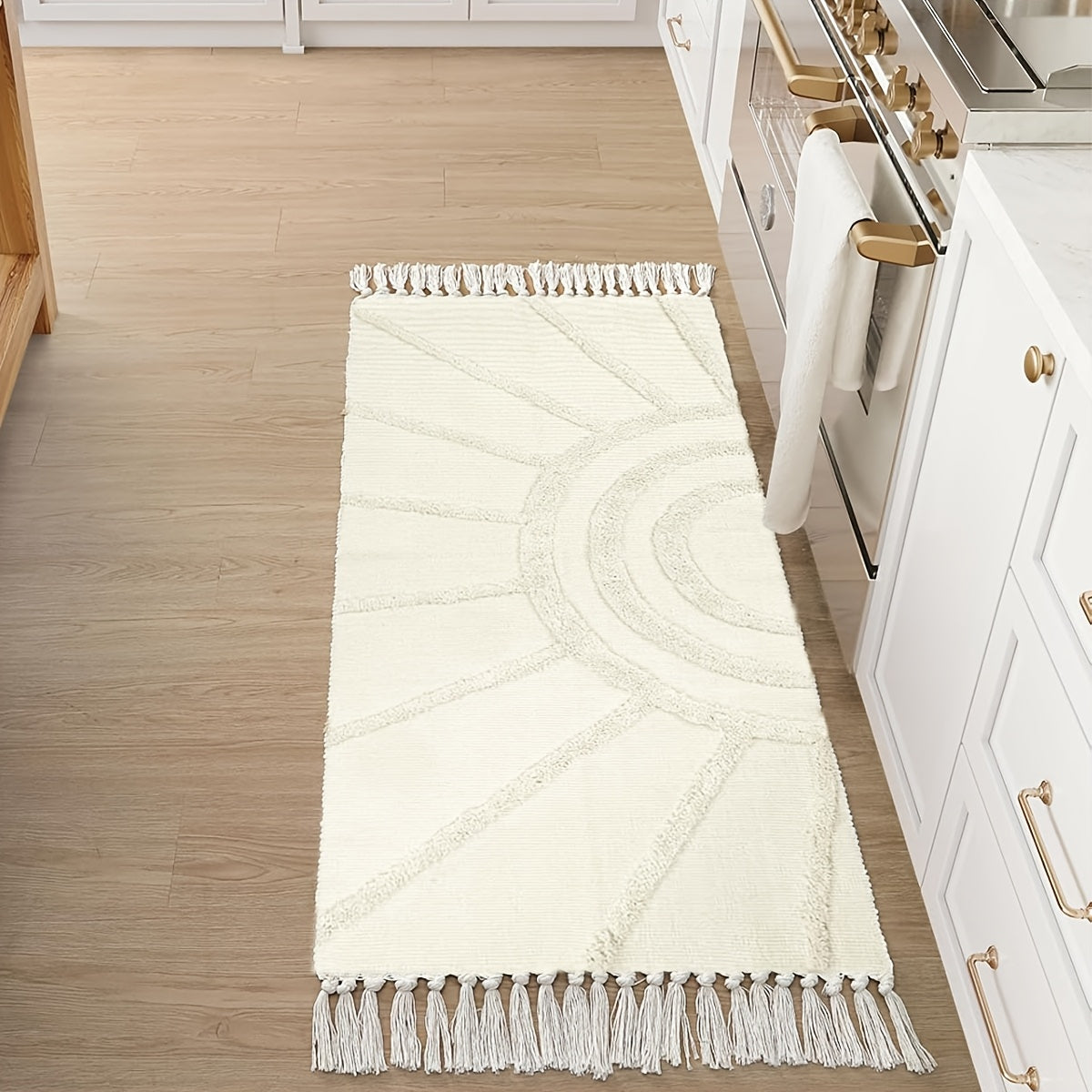 1pc Bohemian Sunburst Area Rug, Machine Washable Polyester Blend, Braided Rectangle Bath Mat, 2000gsm, 0.59inch Thick, Farmhouse Style Bedroom Carpet, Non-Slip Floor Covering for Living Room, Kitchen, Christmas Decor