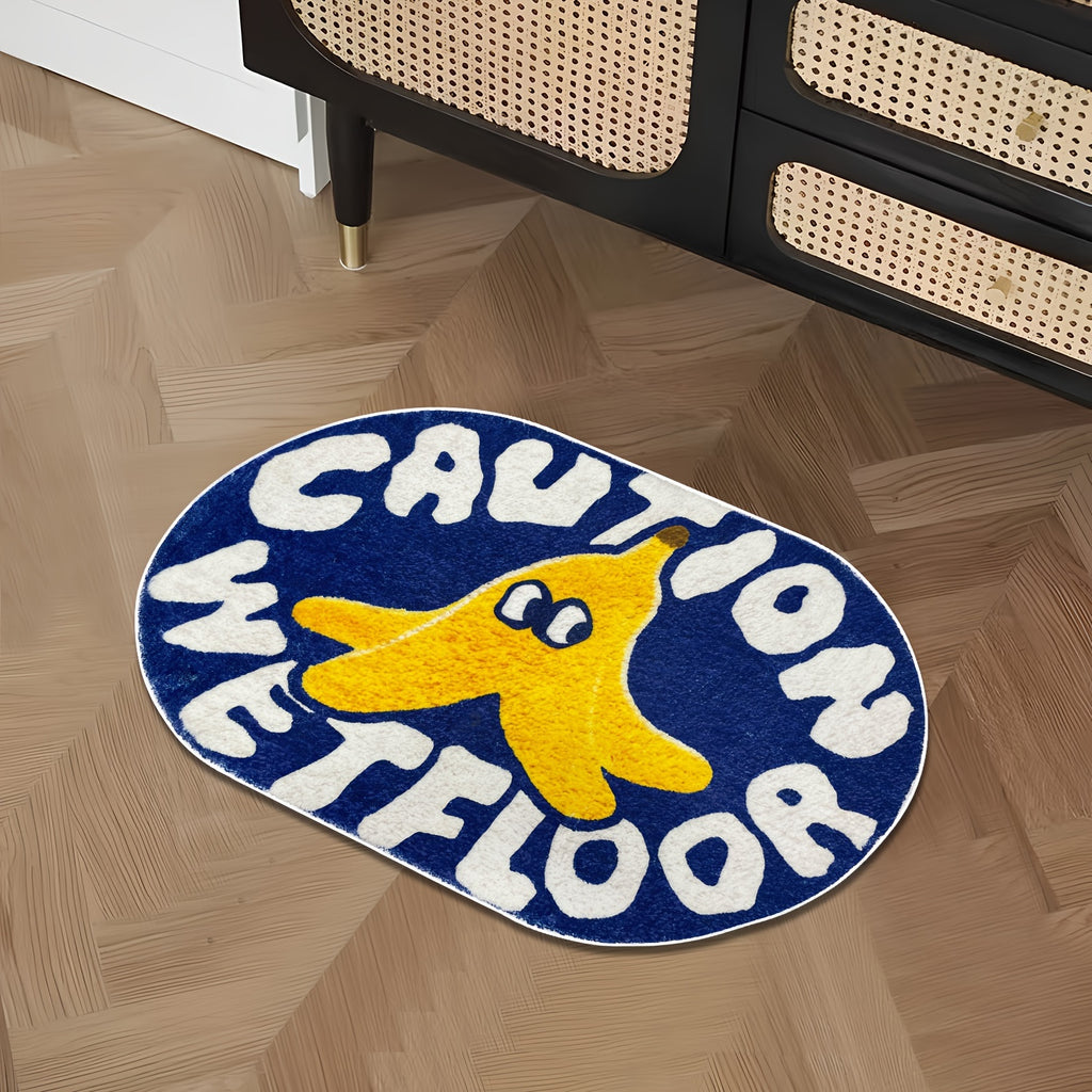 [Cartoon Carpet] 1pc Blue Cartoon Creative Caution Wet Floor Carpet | Soft and Comfortable Imitation Cashmere Material, TPR Non-slip Bottom Back | Suitable for Bathroom, Laundry Room, Kitchen, Washstand, Creative Door Mat and other Indoor Home Carpet