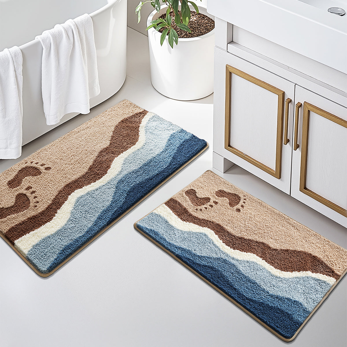 2PC Bathroom Mats Set,Soft Absorbent Bathroom Rug Floor Mats,Machine Washable Non-Slip Bathtub Mat, Summer Beach Design, Room Decor, For Sinks, Showers, Bathroom Accessories
