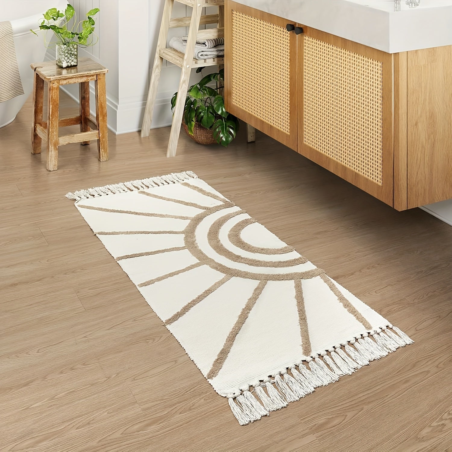 1pc Bohemian Sunburst Area Rug, Machine Washable Polyester Blend, Braided Rectangle Bath Mat, 2000gsm, 0.59inch Thick, Farmhouse Style Bedroom Carpet, Non-Slip Floor Covering for Living Room, Kitchen, Christmas Decor