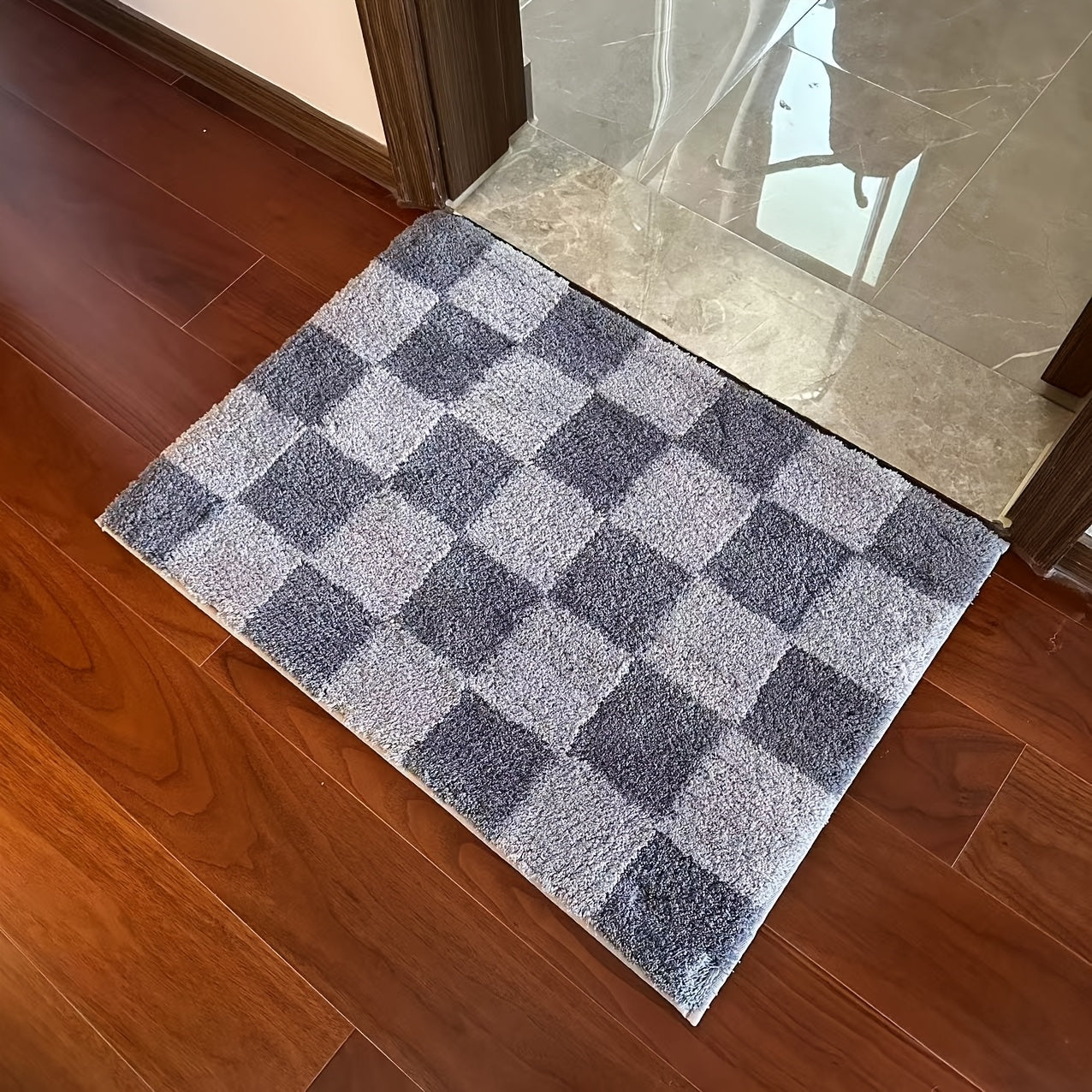 HOMEVER Checkered Non-Slip Bath Mat - Soft Microfiber, Absorbent, Machine Washable, Luxurious Trimmed Door Mat for Bathroom, Shower Area, and Home Decor, Available in Two Sizes, Bathroom Mat|Checkered Pattern|Machine Washable Mat, Bathroom Mat