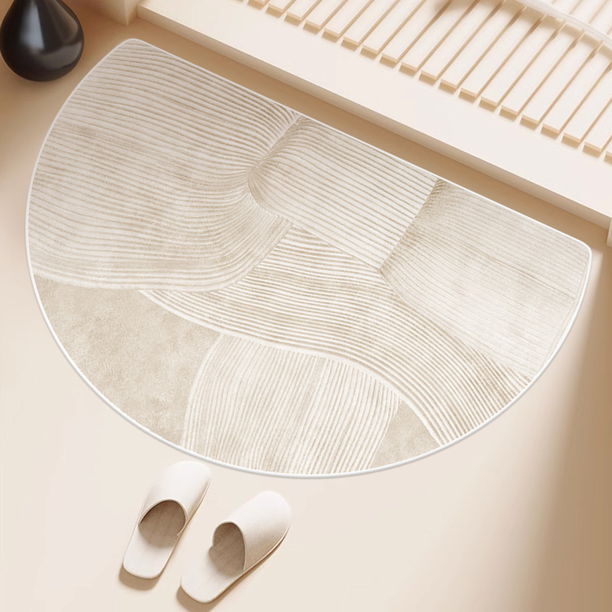1pc, Soft Fleece Washed Base, Anti-Slip, Machine Washable, Easy Fold, 1100gsm, 4.3mm Thick, Half-Circle Doorway Mat, Minimalist Beige Irregular Line Bathroom Rug, Comfortable Plush Non-Slip Foot Mat for Home Entrance Decor