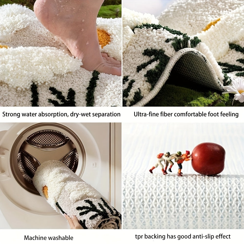1pc Ultra-Soft Plush Fabric Flower-Shaped Bath Mat with Non-Slip TPR Backing, Polyester Super Absorbent Rectangular Bathroom Rug, 3D High-Low Texture, Machine Washable Home Decor Bathtub Carpet