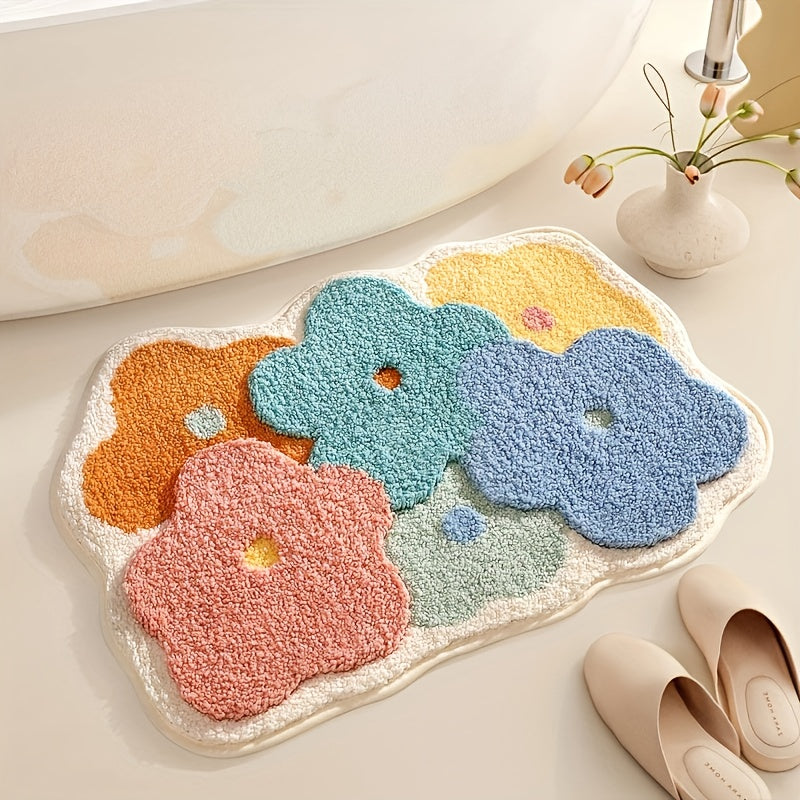 [Soft Bathroom Mat] Soft, Absorbent, Durable Polyester Blend Bathroom Mat - Colorful Flower-Shaped Non-Slip Floor Mat | Vibrant Orange, Blue, Pink, and Green Petal Designs | Ideal for Shower and Bathroom Use