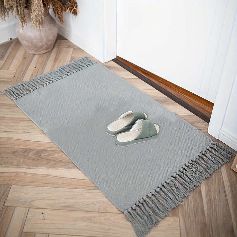 1pc Luxurious Handcrafted Tassel Runner Rug - Soft, Absorbent, Non-Skid, Durable, Machine Washable, Solid Color Braided Polyester Mat - Perfect for Entryway, Bedroom, Kitchen, Indoor Use